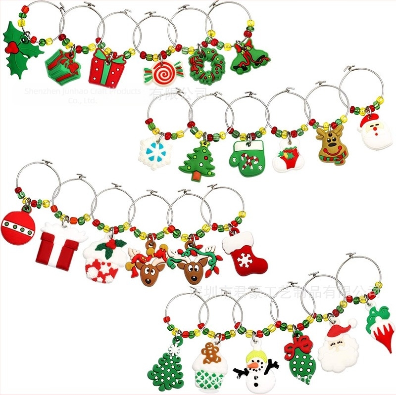 Gyártói kész karácsonyi borospohár gyűrű PVC lágy ragasztó borospohár gyűrű készlet karácsonyi borospohár azonosító partidekoráció