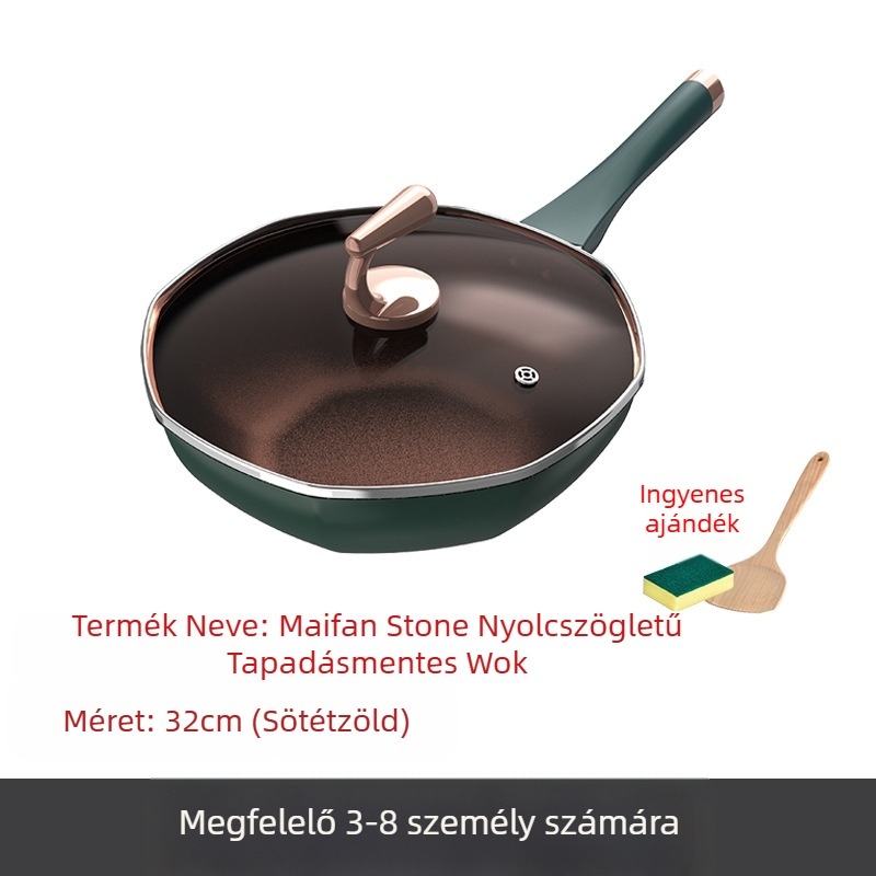 Maifan kő nyolcszögletű serpenyő tapadásmentes serpenyő vastagított serpenyő konyhai wok háztartási multifunkcionális wok gáz univerzális
