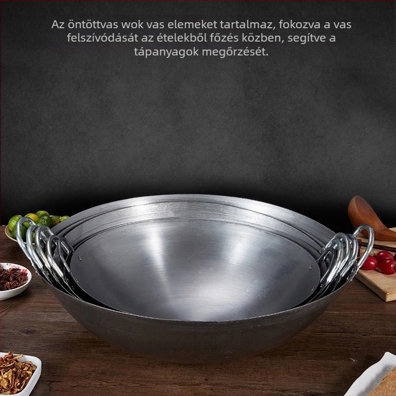 Háztartási régimódi vasserpenyő, bevonat nélküli wok szakácsoknak, gáztűzhely, főtt vas, tapadásmentes serpenyő, dupla fülű, nagy vasserpenyő