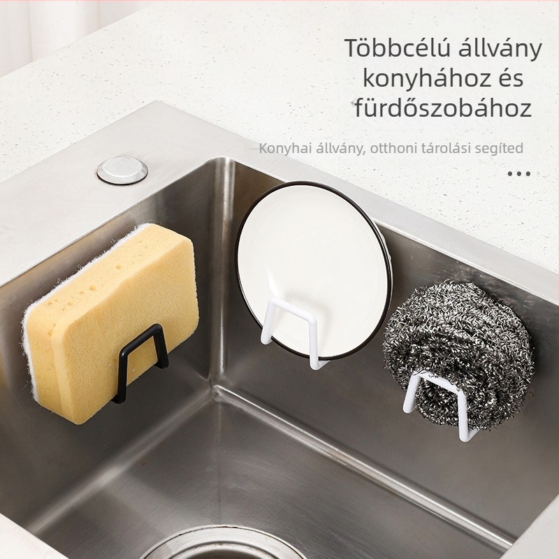 Mosogató-medencetartó lyukasztás nélkül, konyhai mosogató, acélgolyó, rongy, edényfedél, falra akasztható tárolóállvány, lefolyótartó