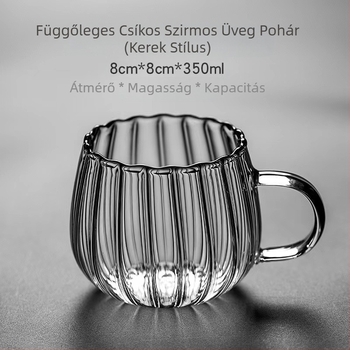 Csíkos üveg, magas boroszilikát tartalmú, függőleges csíkos, szirommintás fogantyús pohár, otthoni irodai kávéspohár, tejespohár, teáspohár