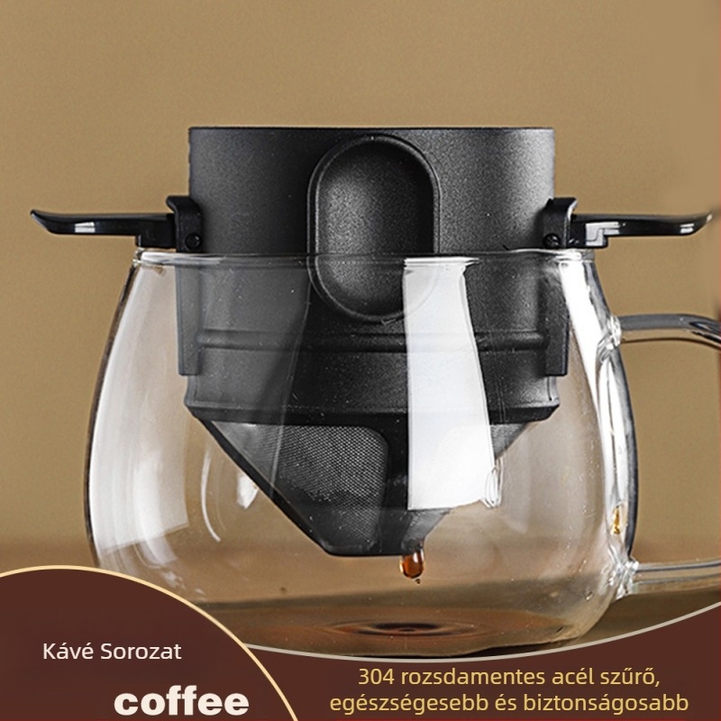 Otthoni és kereskedelmi rozsdamentes acél kávészűrő, függő fülbe helyezhető, kétrétegű, összecsukható hálós szűrőtölcsér, ingyenes szűrőpapír szűrő
