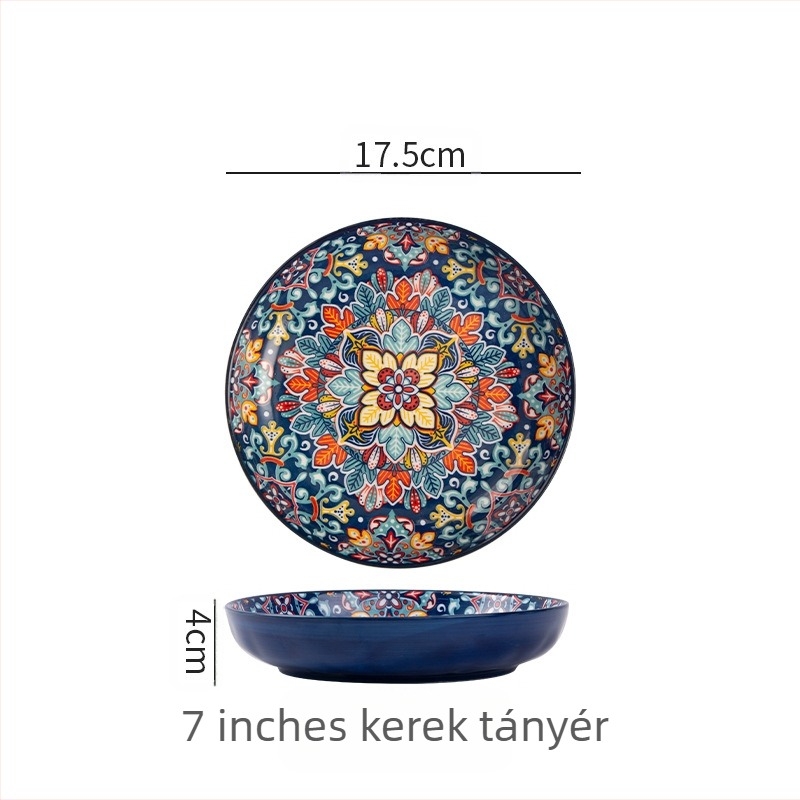 Bohém kerámia tányér, elegáns háztartási kreatív tál, gyümölcstál, steak tányér, mélytányér, korong alakú étkészlet