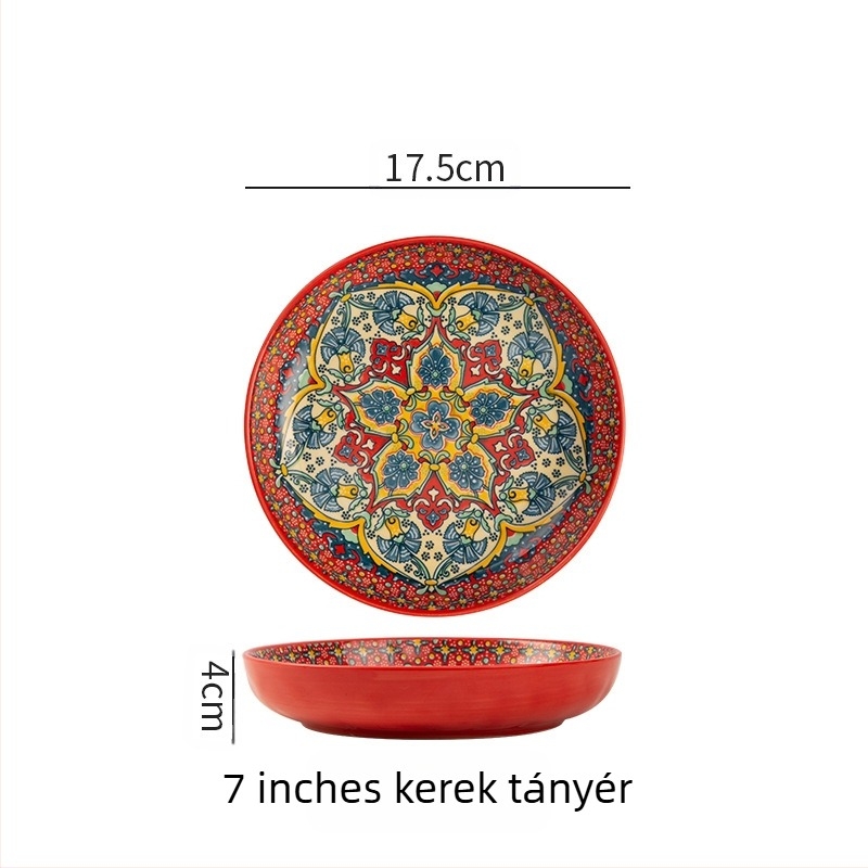 Bohém kerámia tányér, elegáns háztartási kreatív tál, gyümölcstál, steak tányér, mélytányér, korong alakú étkészlet