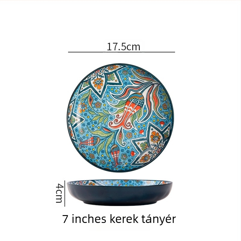 Bohém kerámia tányér, elegáns háztartási kreatív tál, gyümölcstál, steak tányér, mélytányér, korong alakú étkészlet