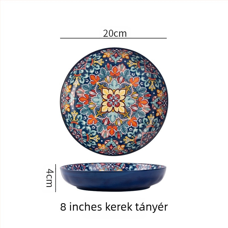Bohém kerámia tányér, elegáns háztartási kreatív tál, gyümölcstál, steak tányér, mélytányér, korong alakú étkészlet