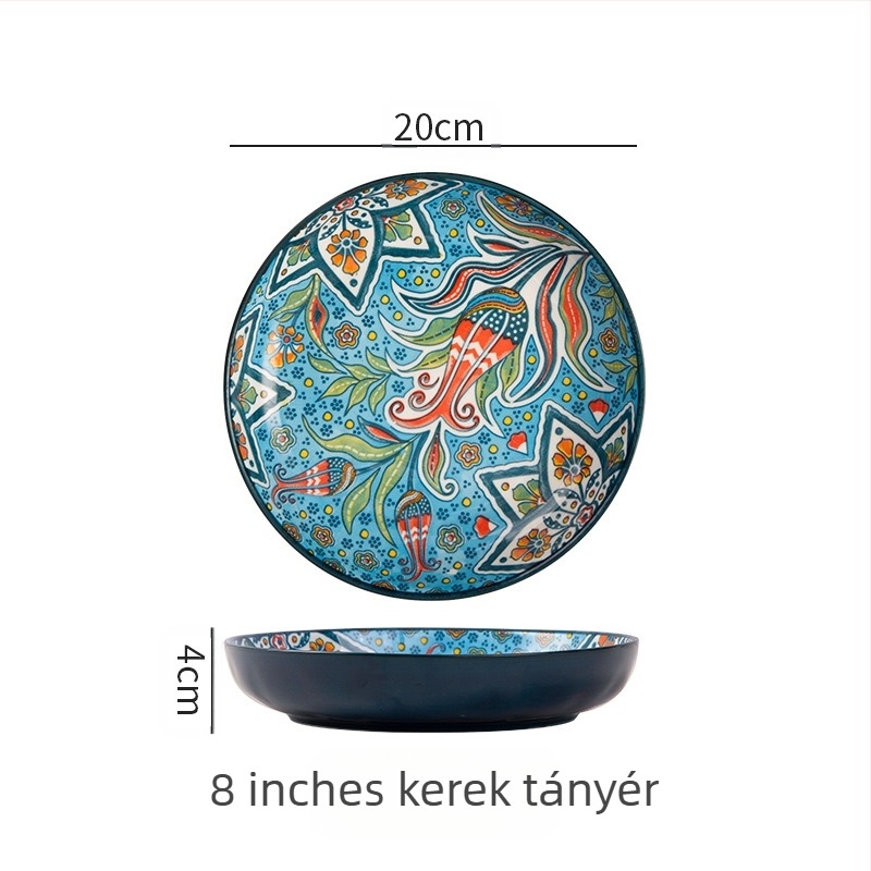 Bohém kerámia tányér, elegáns háztartási kreatív tál, gyümölcstál, steak tányér, mélytányér, korong alakú étkészlet