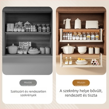 Behúzható konyhai tárolóállvány, fűszertároló, műtárgyszekrény, réteges függőkosár-szekrény, függőszekrény, függő polc