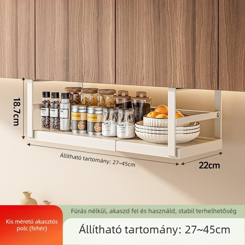 Behúzható konyhai tárolóállvány, fűszertároló, műtárgyszekrény, réteges függőkosár-szekrény, függőszekrény, függő polc