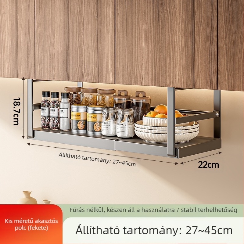 Behúzható konyhai tárolóállvány, fűszertároló, műtárgyszekrény, réteges függőkosár-szekrény, függőszekrény, függő polc