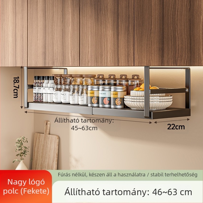 Behúzható konyhai tárolóállvány, fűszertároló, műtárgyszekrény, réteges függőkosár-szekrény, függőszekrény, függő polc