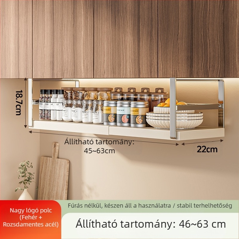 Behúzható konyhai tárolóállvány, fűszertároló, műtárgyszekrény, réteges függőkosár-szekrény, függőszekrény, függő polc