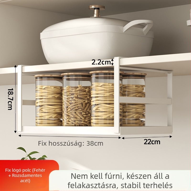 Behúzható konyhai tárolóállvány, fűszertároló, műtárgyszekrény, réteges függőkosár-szekrény, függőszekrény, függő polc