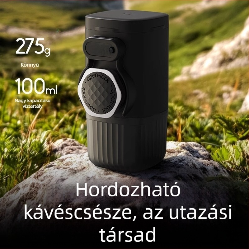 Határokon átnyúló, kézzel préselt, félautomata, pneumatikus eszpresszóporral tölthető, hordozható kávéfőző