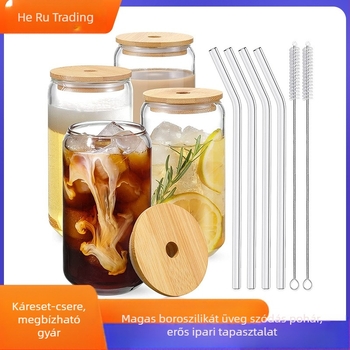 Határokon átnyúló, nagy eladású, magas boroszilikát tartalmú üveglé, kávétej, szalmaszálas befőttesüveg fedéllel, 16oz-os kóláspohár készlet