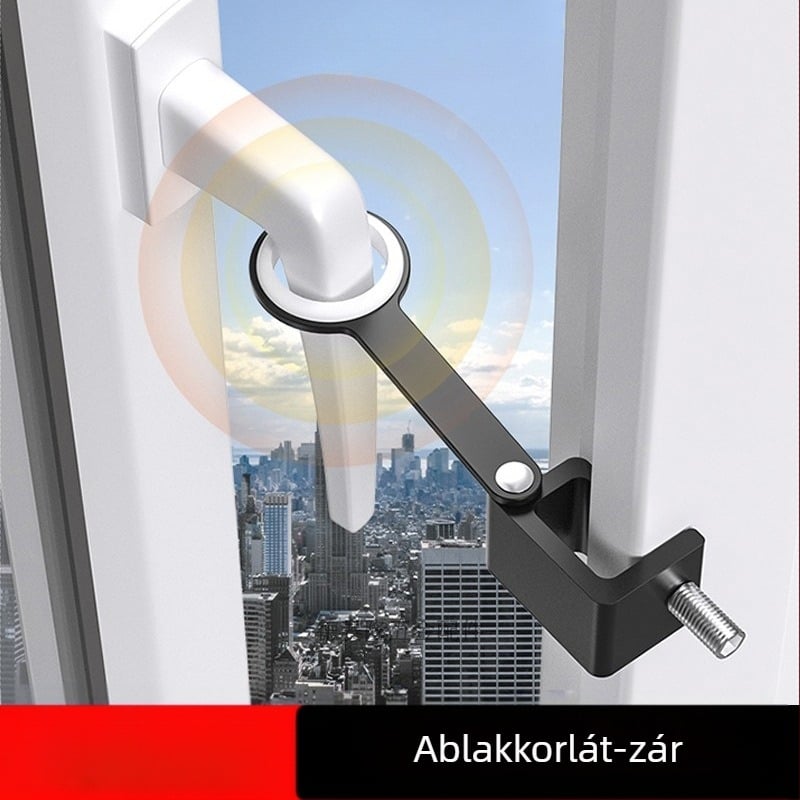 Ablakzár gyerekzárral, leesésgátló zár, tolózár, nyitott ablak tartó, magasépítésű gyerekzár