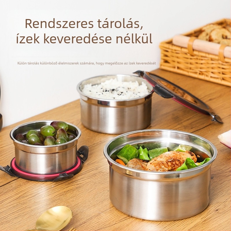 304 rozsdamentes acélból készült, élelmiszeripari minőségű, kerek, lezárt ebéddoboz, ebéddoboz, hűtőszekrényben tárolandó doboz, gyümölcstároló doboz
