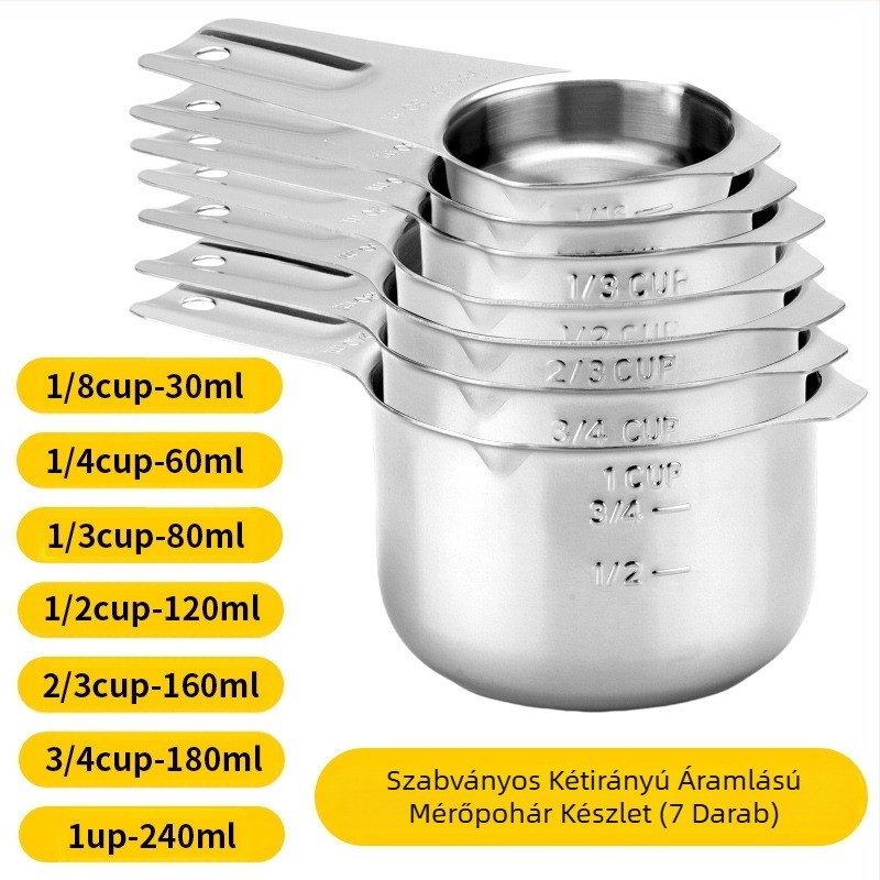 Amazon rozsdamentes acél mérőpohár 7 darabos készlet vezető fúvókával, főzőkanál mérleggel, mérőkanál pohár