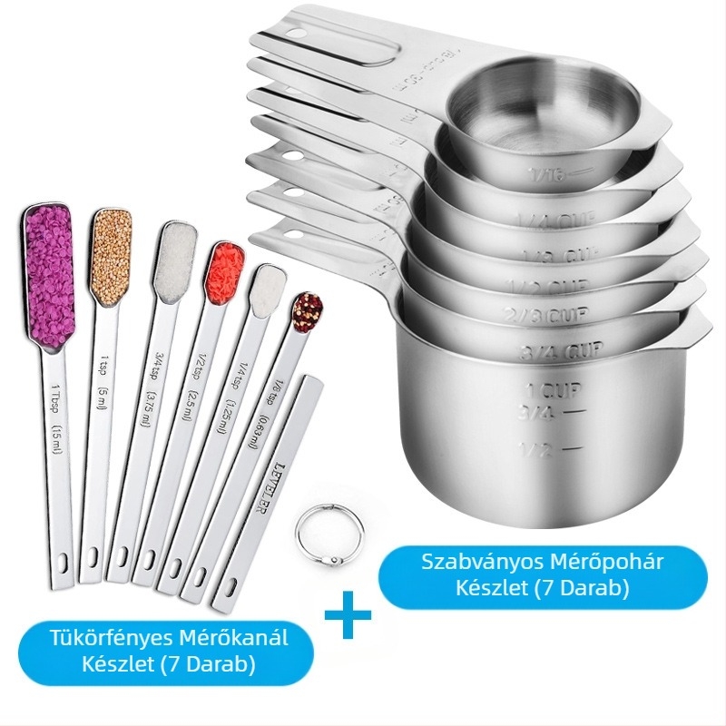 Amazon rozsdamentes acél mérőpohár 7 darabos készlet vezető fúvókával, főzőkanál mérleggel, mérőkanál pohár