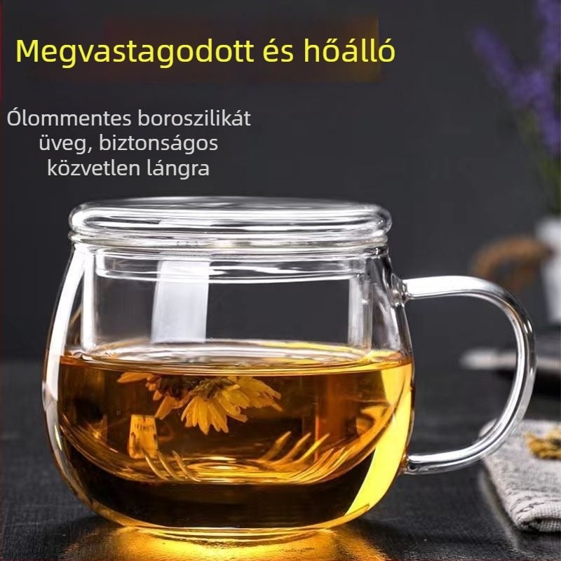 Üvegpohár teáscsésze fedéllel hőálló teavíz-elválasztás háztartási irodai férfi és női átlátszó szűrő teáscsésze