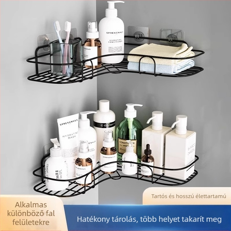 Kovácsoltvas háromszög alakú állvány, lyukasztásmentes, falra szerelhető fürdőszobai tárolóállvány, kollégiumi mosdóállvány, sarokfali tárolókosár