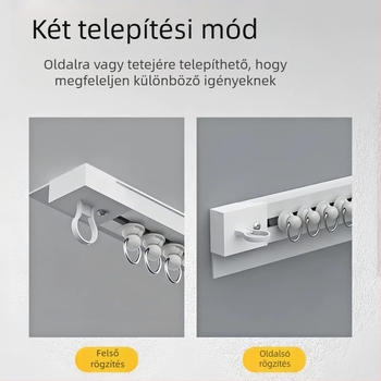 Öntapadós perforált, nem perforált kiugró ablak erkély függönycsúszka, oldalra szerelt, csendes, szélesített vezetősín, kampós kiegészítő rúd