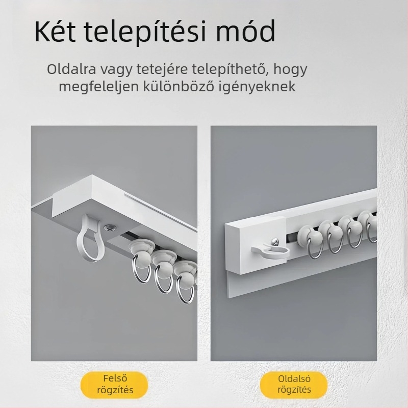 Öntapadós perforált, nem perforált kiugró ablak erkély függönycsúszka, oldalra szerelt, csendes, szélesített vezetősín, kampós kiegészítő rúd