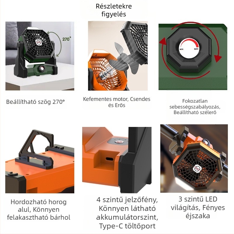 Kültéri kemping stílusú újratölthető ventilátor horgászathoz kis kemping stílusú sátor kollégiumi hűtés USB töltés szuper hosszú akkumulátor-üzemidő