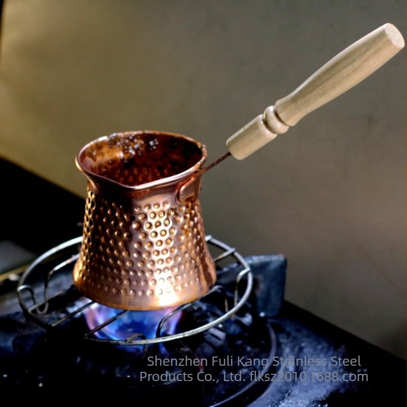 Határokon átnyúló 350 ml-es rézbevonatú török kávéfőző, vastagított, súlyozott fa nyéllel, forrázásgátló környezetvédelemmel