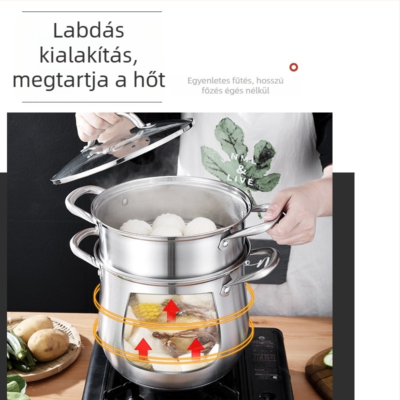 304 rozsdamentes acél magas levesestál, mélyített, nagy kapacitású, dobos, dupla aljú levesestál, gőzölgő levesestál, pörkölt levesestál, ajándékedény