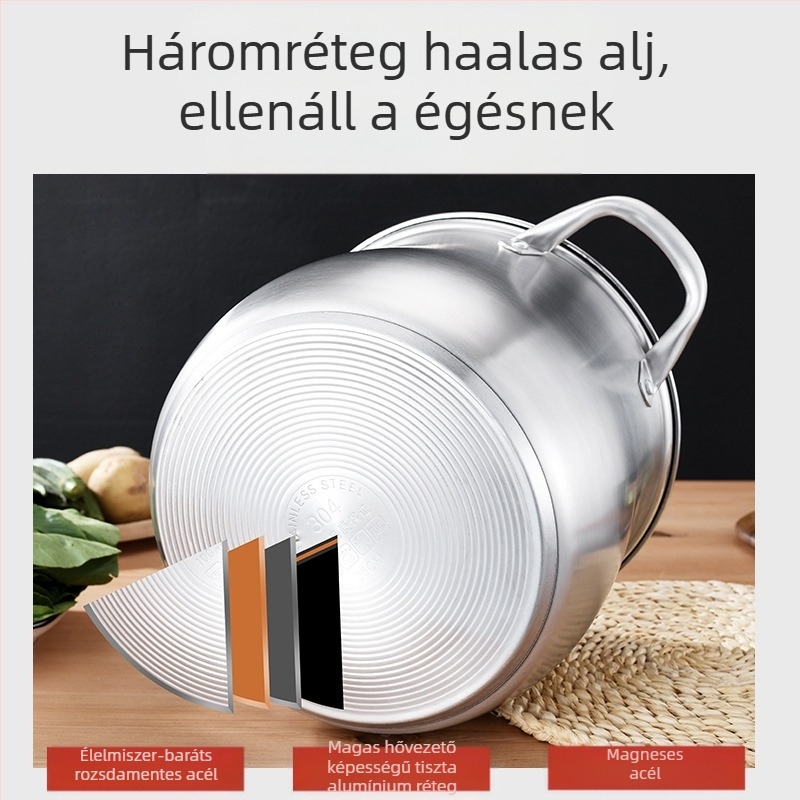 304 rozsdamentes acél magas levesestál, mélyített, nagy kapacitású, dobos, dupla aljú levesestál, gőzölgő levesestál, pörkölt levesestál, ajándékedény