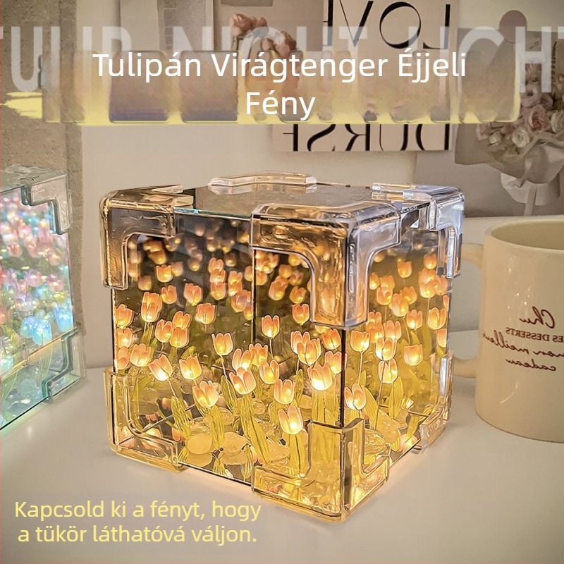 Kreatív Rubik-kocka Tulipán Éjszakai Fény Kézzel Készített DIY Virág Tengeri Hangulatfény Akril Tükör Sztereó Díszek Ajándékok