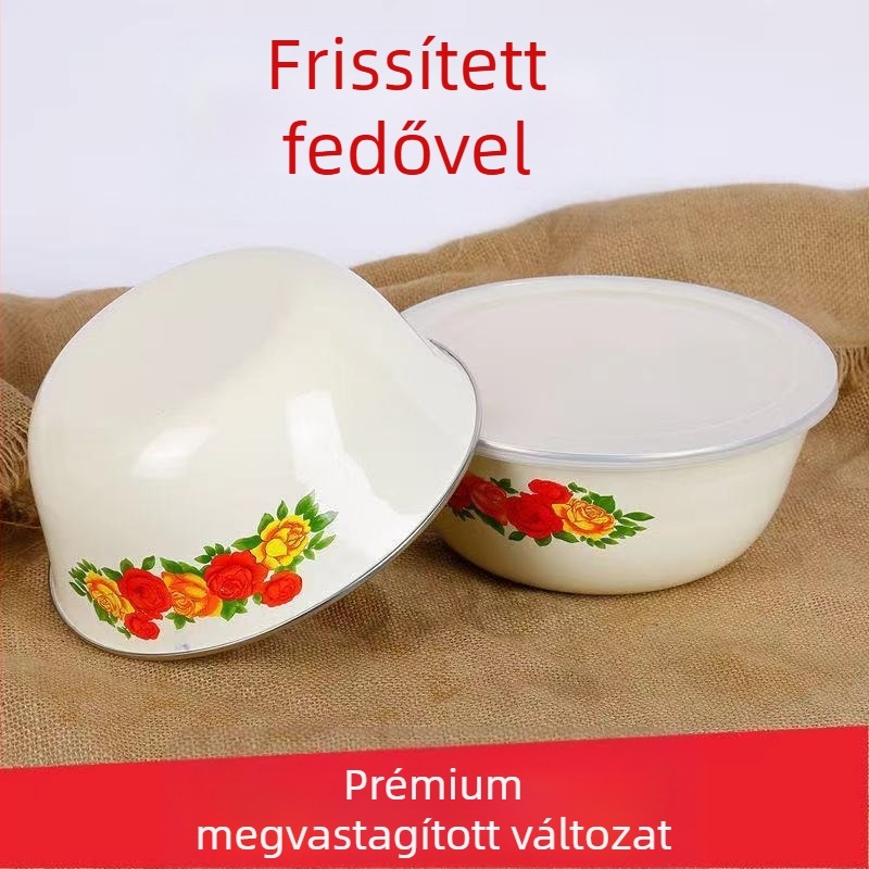 Zsírzománcozott medencés keverőtál, nagy fedéllel, frissen tartó doboz, instant tésztatál, levestál, zöldség- és gyümölcssaláta gyártók