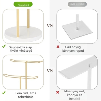 Kétrétegű, fa talpú, arany színű hajkarika, asztali hajpánt-tároló állvány, multifunkcionális fejfedő-kiállító állvány
