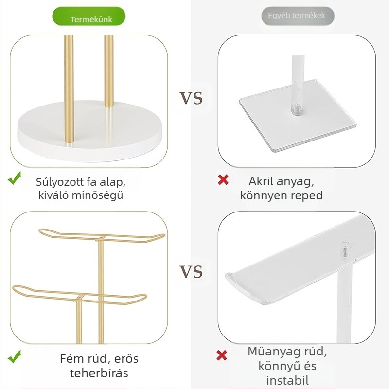 Kétrétegű, fa talpú, arany színű hajkarika, asztali hajpánt-tároló állvány, multifunkcionális fejfedő-kiállító állvány