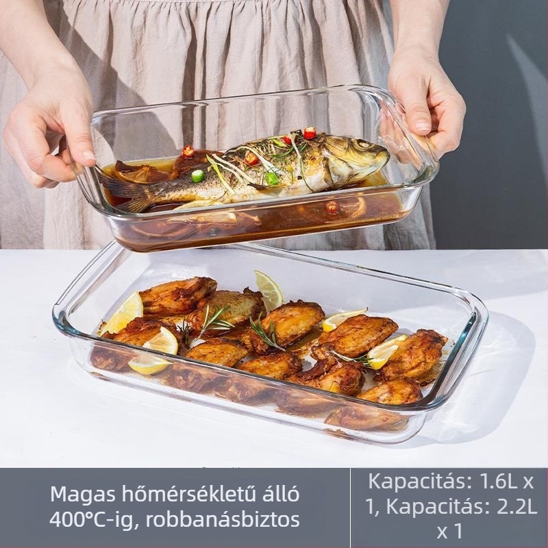 Téglalap alakú, magas boroszilikát tartalmú üveglap, sütőedény, haltányér, háztartási hús, párolt kaviár, magas hőmérsékletnek ellenálló mikrohullámú sütő, speciális sütéshez