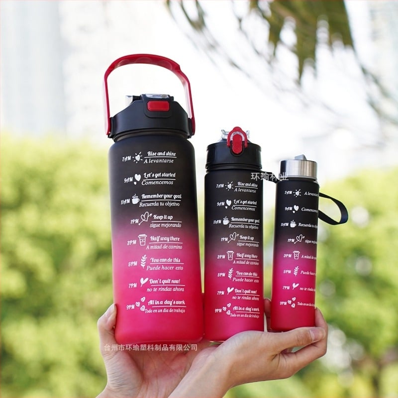 Három készlet pohár vizespohár nagy kapacitású pohár szívószállal színátmenetes matt sport műanyag vizespalack vizes palackok