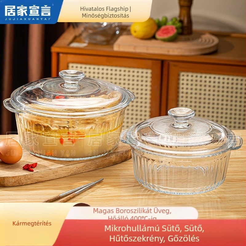 Magas boroszilikát tartalmú, magas hőmérsékletnek ellenálló üvegtál fedővel, instant tésztatál, mikrohullámú sütőben használható, dupla fülű tál, háztartási párolt tojástál, kerek