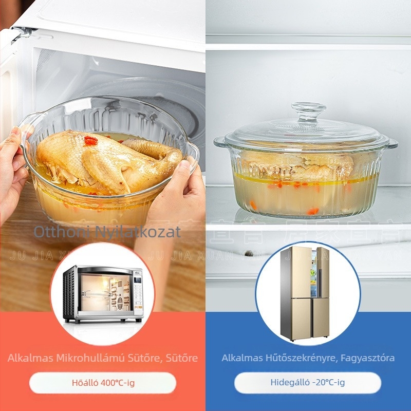 Magas boroszilikát tartalmú, magas hőmérsékletnek ellenálló üvegtál fedővel, instant tésztatál, mikrohullámú sütőben használható, dupla fülű tál, háztartási párolt tojástál, kerek