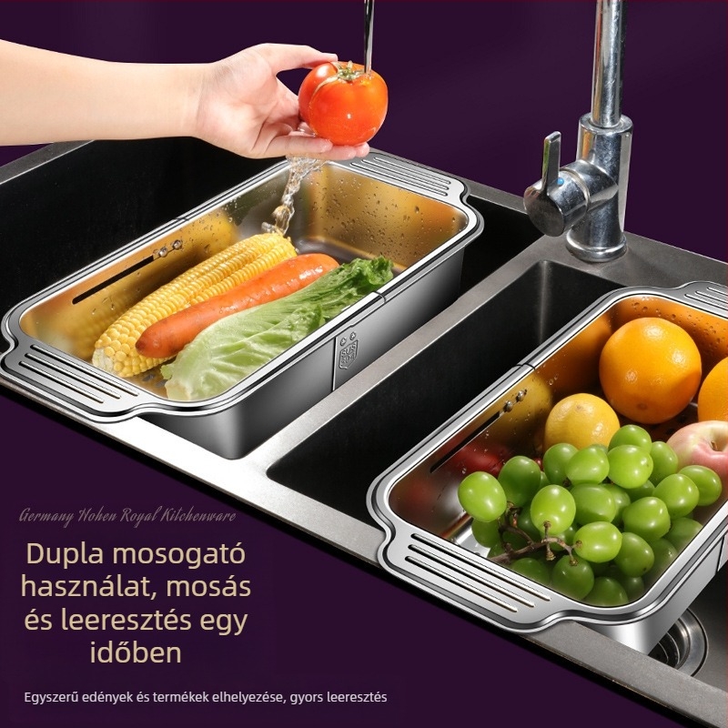 304 rozsdamentes acél konyhai behúzható mosogatógép nagy lefolyótartó multifunkcionális téglalap alakú mosogató szűrőtartó