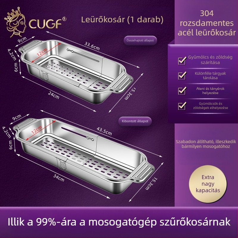 304 rozsdamentes acél konyhai behúzható mosogatógép nagy lefolyótartó multifunkcionális téglalap alakú mosogató szűrőtartó