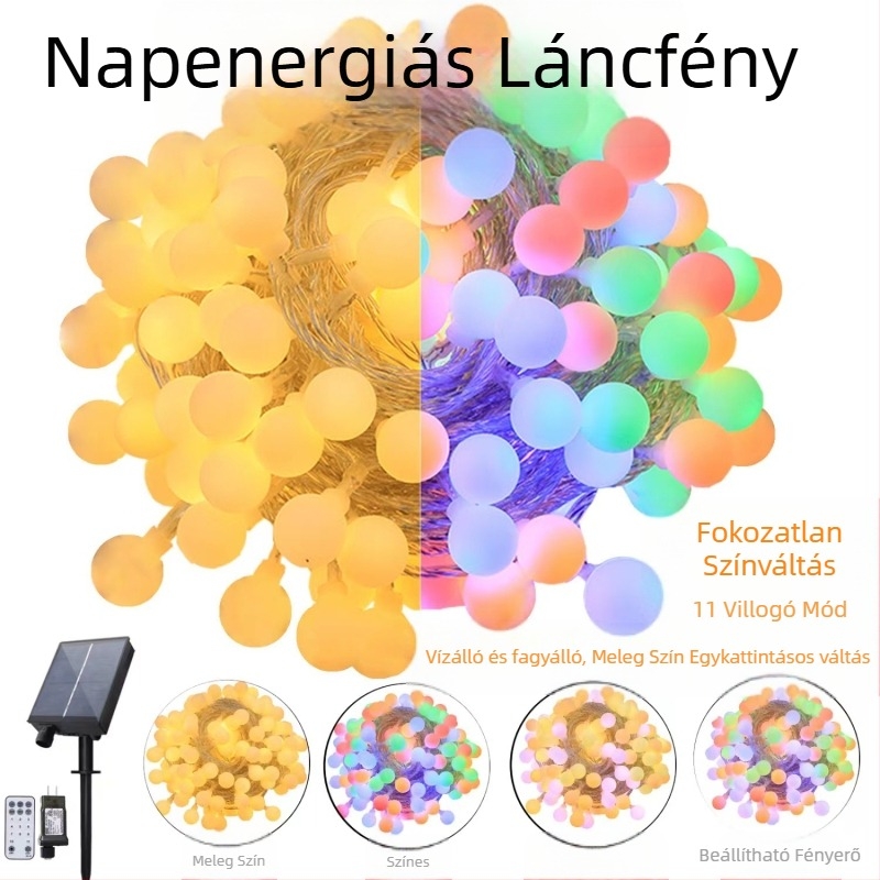 Új, napelemes, matt gömblámpa-füzér kültéri kempingezéshez, vízálló, fagyálló hangulatú lámpa udvari dekorációhoz, végtelen színváltós lámpa