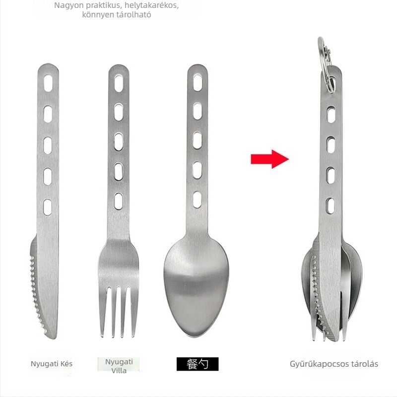 Rozsdamentes acél kés, villa és kanál Amazon határokon átnyúló ellátás kültéri asztali kés, villa és kanál három az egyben hordozható kés, villa és kanál