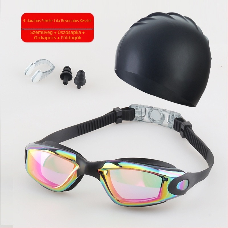 Felnőtt úszószemüveg szett, úszósapka, négyrészes szilikon úszószemüveg férfiaknak és nőknek, professzionális vízálló, páramentes úszóedző felszerelés