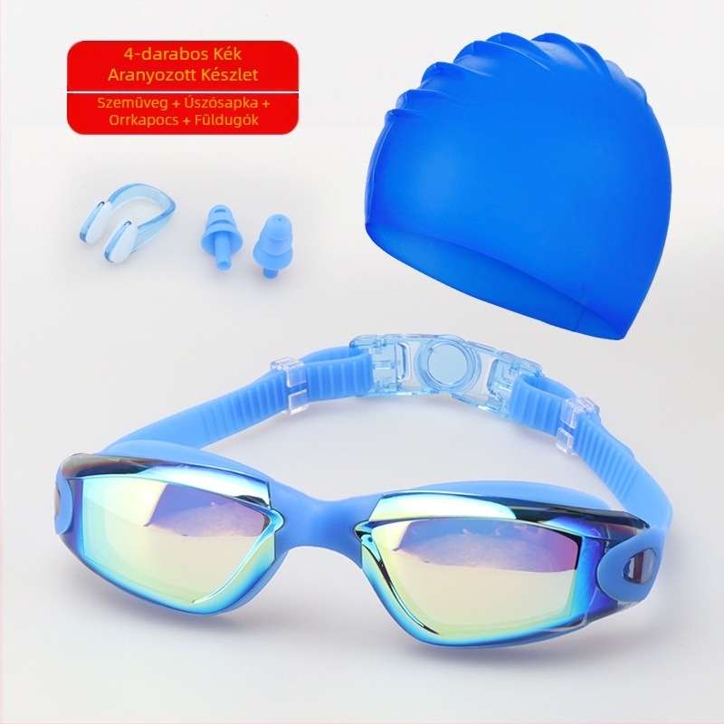 Felnőtt úszószemüveg szett, úszósapka, négyrészes szilikon úszószemüveg férfiaknak és nőknek, professzionális vízálló, páramentes úszóedző felszerelés