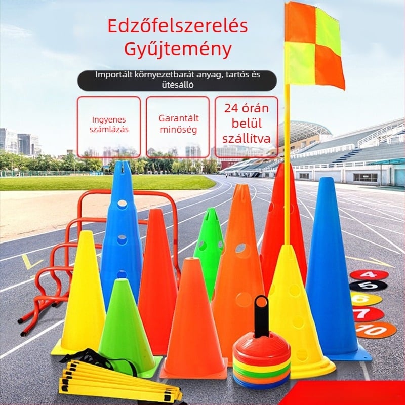 Futball edzőtábla, vödör, akadálybója, érzékelő rendszer, edzőfagylalt tubus, parkoló, közlekedési tábla, rúd, érzékeny létra, korong