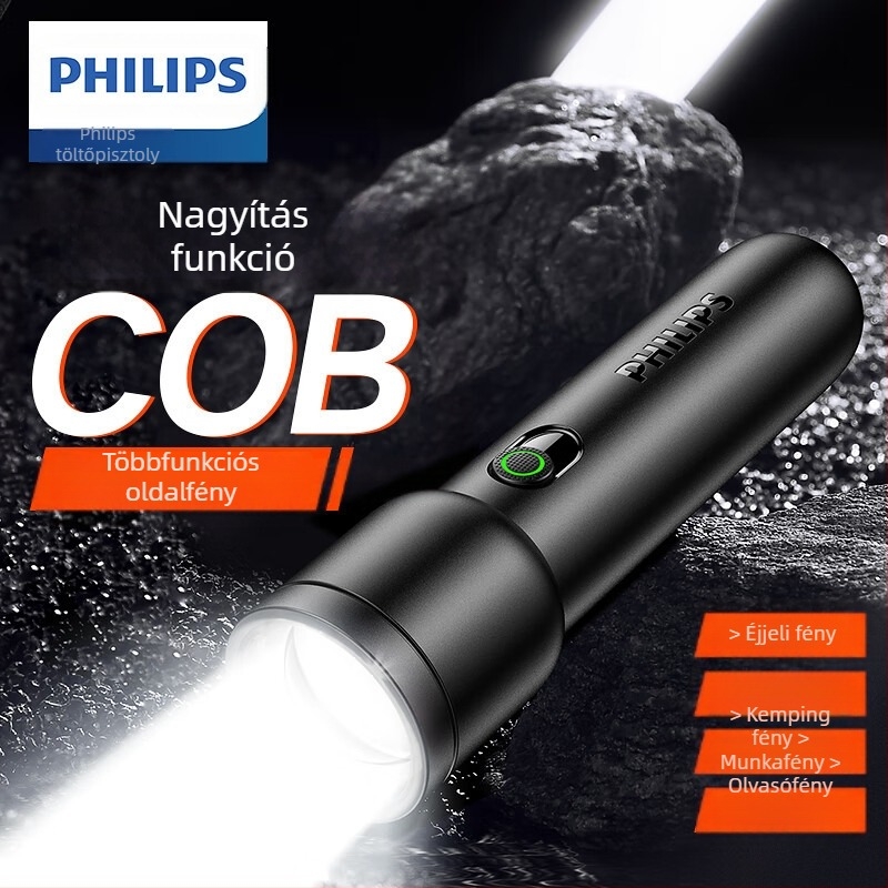 Philips erős fényű, szuperfényes ABS anyagú teleszkópos zoom oldalsó lámpákkal, kültéri, nagy hatótávolságú, hordozható zseblámpa