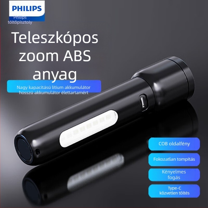 Philips erős fényű, szuperfényes ABS anyagú teleszkópos zoom oldalsó lámpákkal, kültéri, nagy hatótávolságú, hordozható zseblámpa
