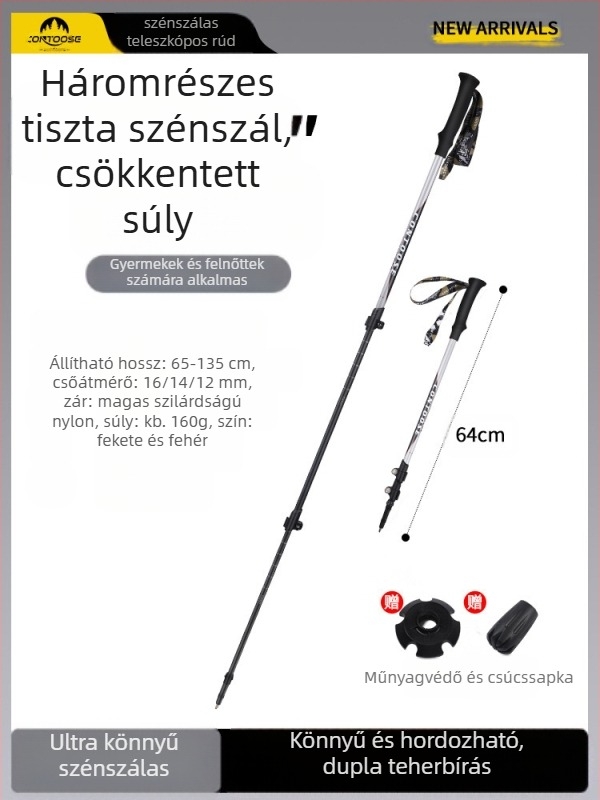 Kuangtu szénszálas mászóbot háromrészes teleszkópos mankó férfiaknak és nőknek kültéri túrázáshoz, hegymászó felszereléshez, ultra könnyű, csúszásmentes mankó