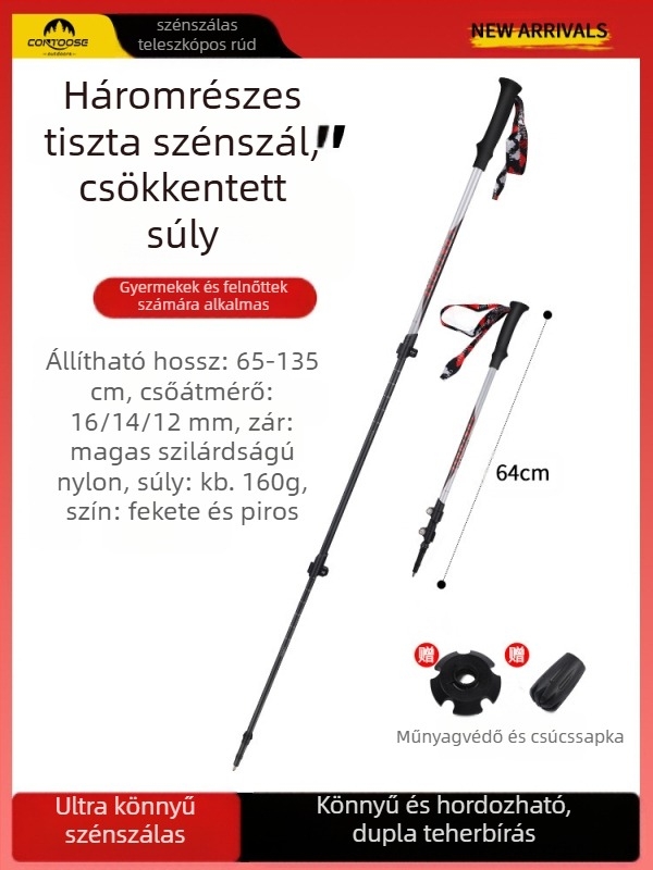 Kuangtu szénszálas mászóbot háromrészes teleszkópos mankó férfiaknak és nőknek kültéri túrázáshoz, hegymászó felszereléshez, ultra könnyű, csúszásmentes mankó